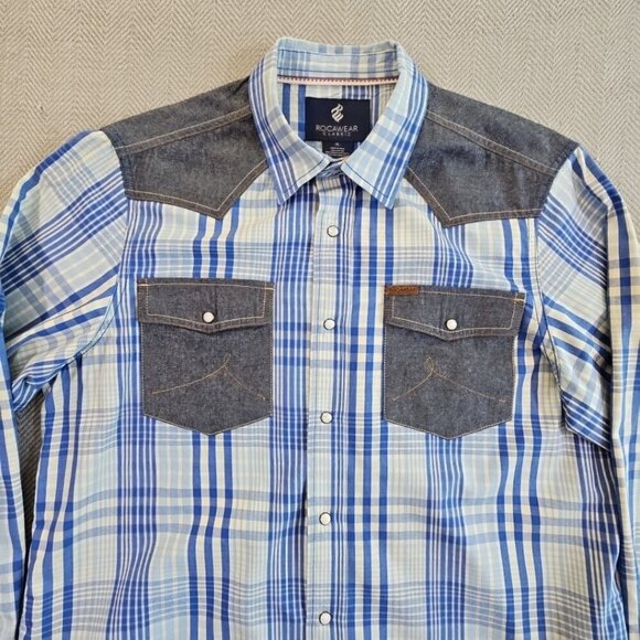Rocawear Western Shirt Men's XL Blue Plaid Pearl Snap Denim Patches Classic EUC - Picture 6 of 12